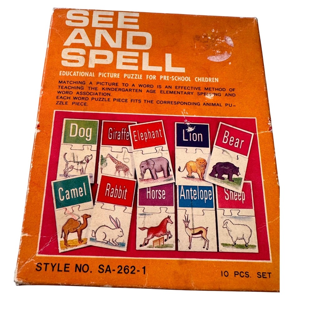 Vintage See And Spell Educational Picture Puzzle Cards Set Animals Learning Game